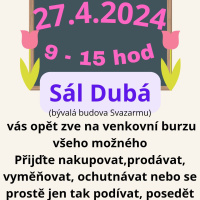Burza všeho možného sobota 27. dubna 2024 od 9 do 15 hodin u Sálu Dubá, Nedamovská 13